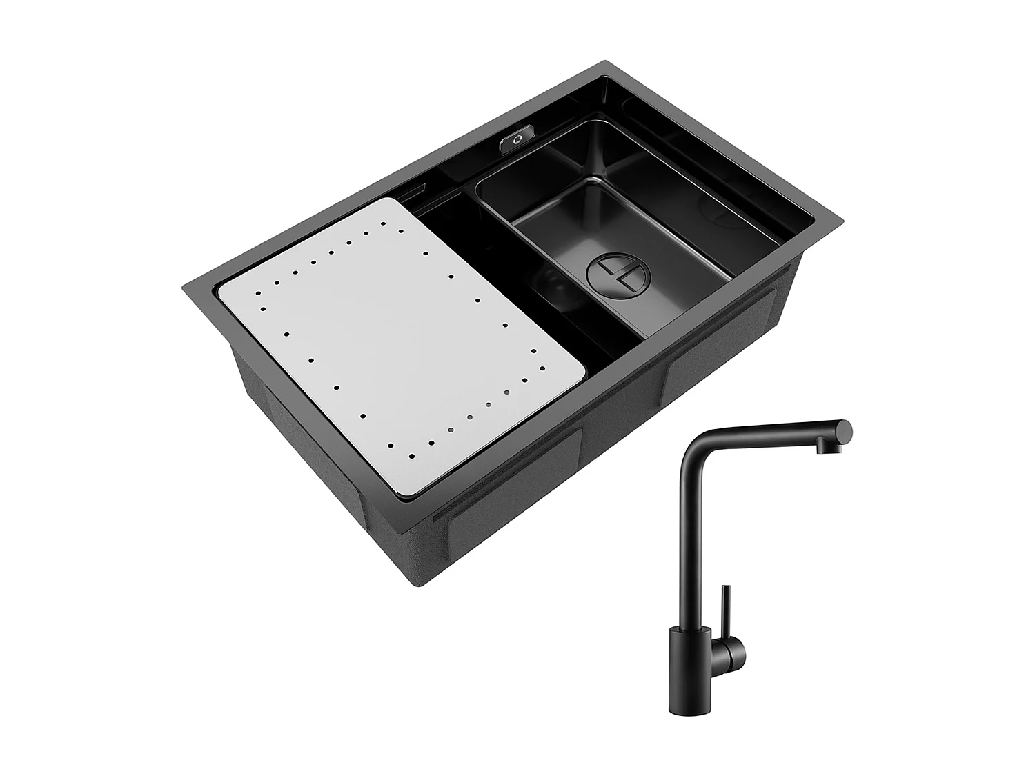 Évier Cuisine 1 Bac 70×44×21CM Évier Inox Noir avec Egouttoir et Vasque + Mitigeur de Evier Noir Rrotatif à 360 °