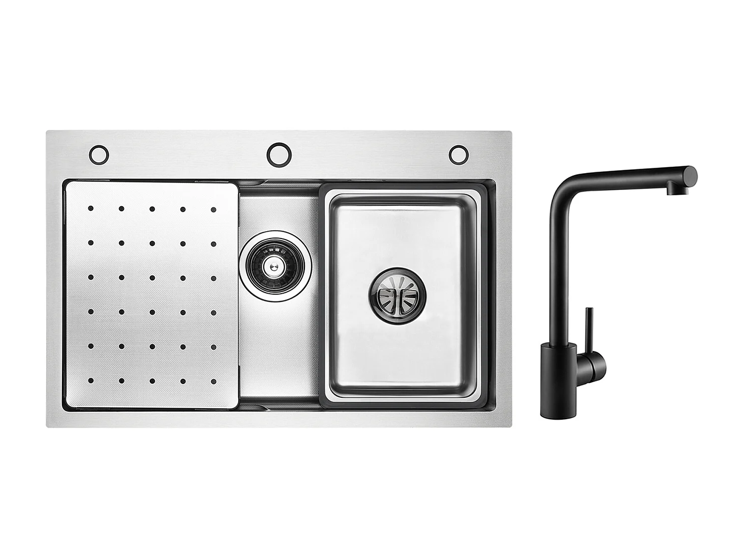 wastafel, 70 x 45 cm, zilveren roestvrijstalen spoelbak met afdruiprek, wastafel, zeepdispenser + 360° draaibare zwarte spoelbakmengkraan