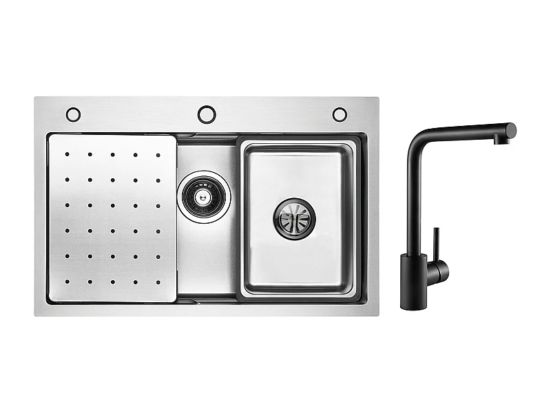 wastafel, 70 x 45 cm, zilveren roestvrijstalen spoelbak met afdruiprek, wastafel, zeepdispenser + 360° draaibare zwarte spoelbakmengkraan