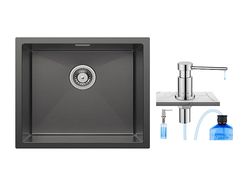 CECIPA MAX Einzelbecken-Küchenspüle, Unterbauspüle, 50 x 44 cm, Anthrazitschwarz + 300 ml Chrom-Küchenseifenspender