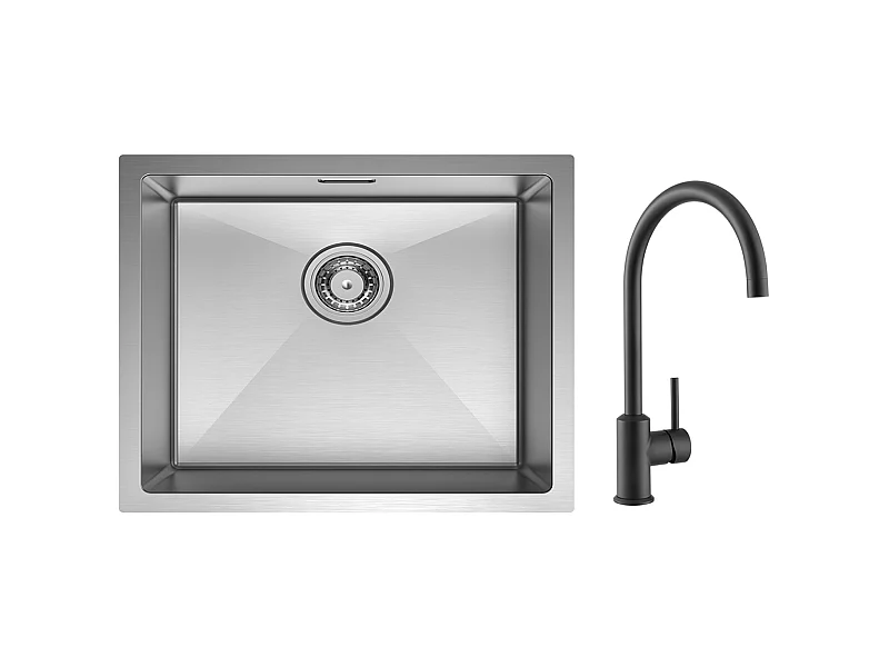 Lavello da cucina CECIPA MAX Lavello da cucina in acciaio inossidabile spazzolato a 1 vasca 50*44 cm + Miscelatore da cucina in acciaio inossidabile nero