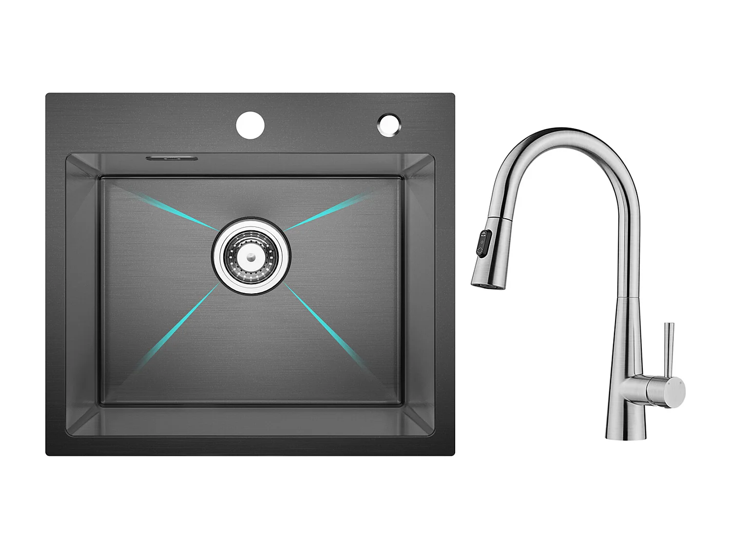 Cecipa max roestvrijstalen spoelbak 1 spoelbak 50×45 cm zwarte nanometer spoelbak + mengkraan met uittrekbare straal, 3 waterafvoermodi, geborsteld