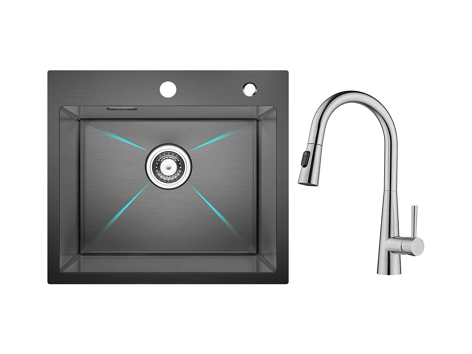 Cecipa max Évier Inox Évier 1 Bac 50×45 cm Évier de Cuisine en Nanomètres Noir + Mitigeur avec Douchette Extractible, 3 Modes de Sortie D'eau, Brossé