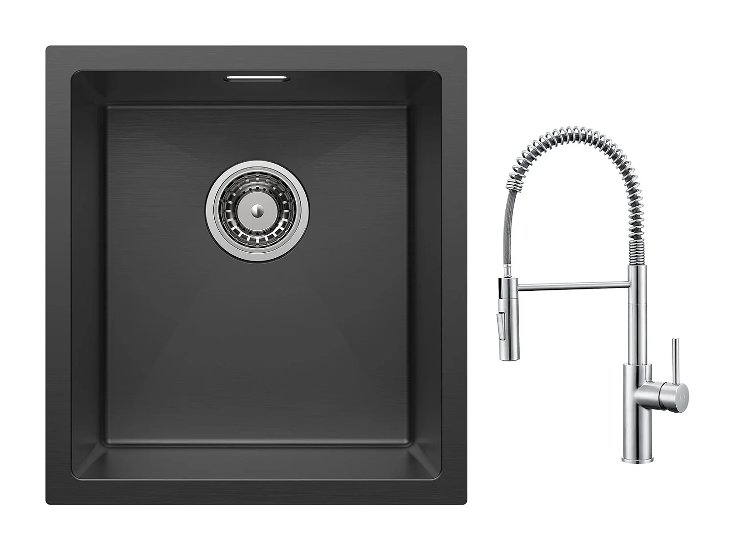 Cecipa max Fregadero encastrable 40*44*19 cm - Fregadero de cocina negro 1 seno en acero inoxidable + Mezclador de resorte cepillado con ducha extraíble