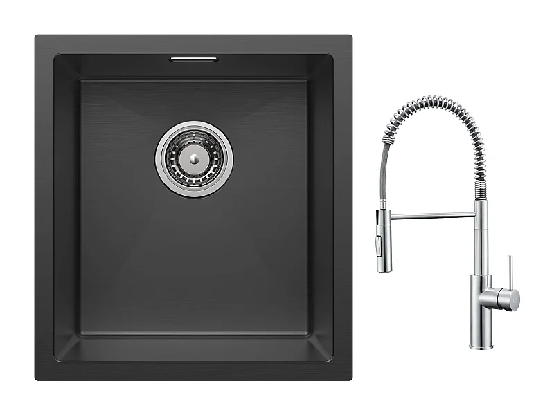 Cecipa max Évier Encastré 40*44*19 cm - Noir Évier de Cuisine 1 Bac en Acier Inoxydable + Mitigeur à Ressort Brossé avec Douchette Extractible