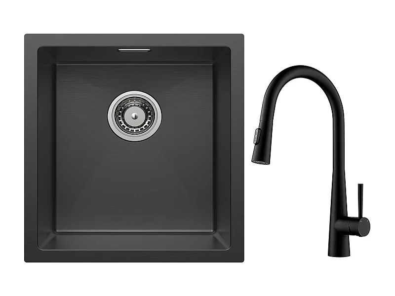 Fregadero Cecipa max de 1 seno de acero inoxidable negro Fregadero encastrable 40*44cm + Grifo monomando con ducha extraíble - Con 3 modos de salida de agua - Negro