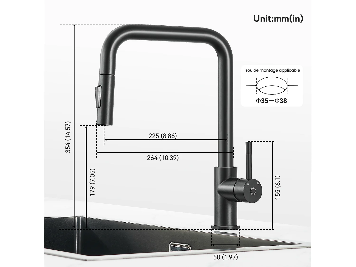 Cecipa MAX Évier de Cuisine 1 Bac 40x44x19 cm Évier Inox Brossé + Mitigeur avec Douchette Extractible, Noir