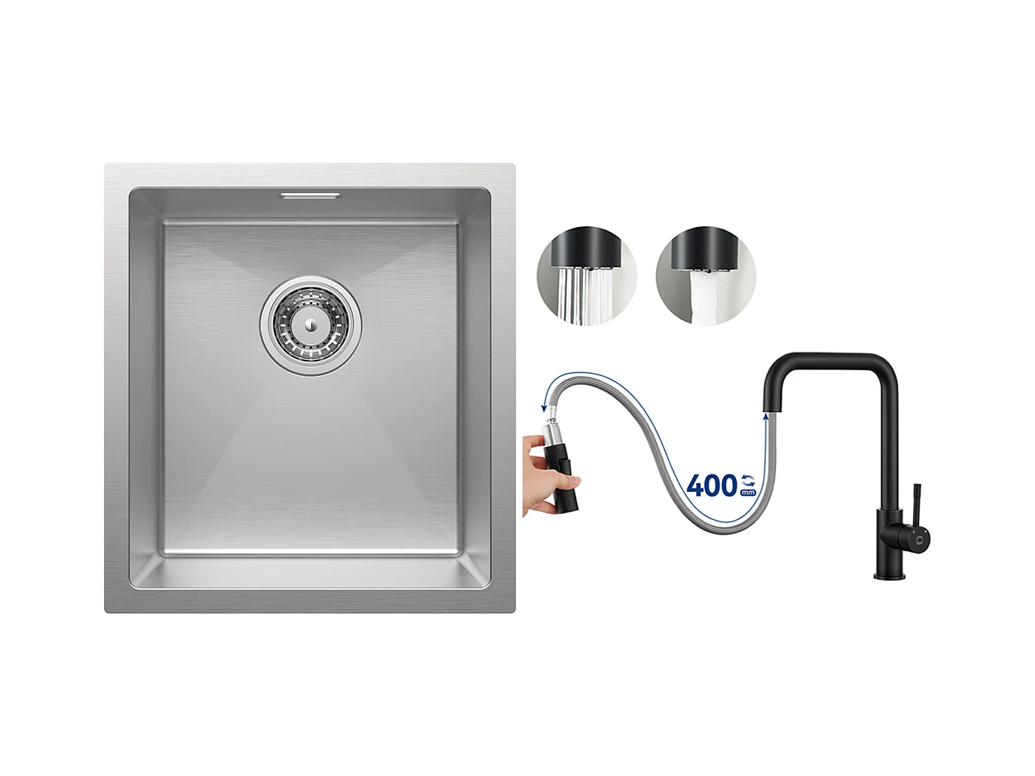 Cecipa MAX Évier de Cuisine 1 Bac 40x44x19 cm Évier Inox Brossé + Mitigeur avec Douchette Extractible, Noir