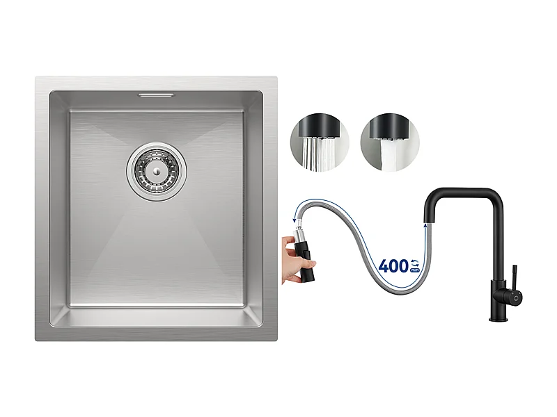 Cecipa MAX Évier de Cuisine 1 Bac 40x44x19 cm Évier Inox Brossé + Mitigeur avec Douchette Extractible, Noir