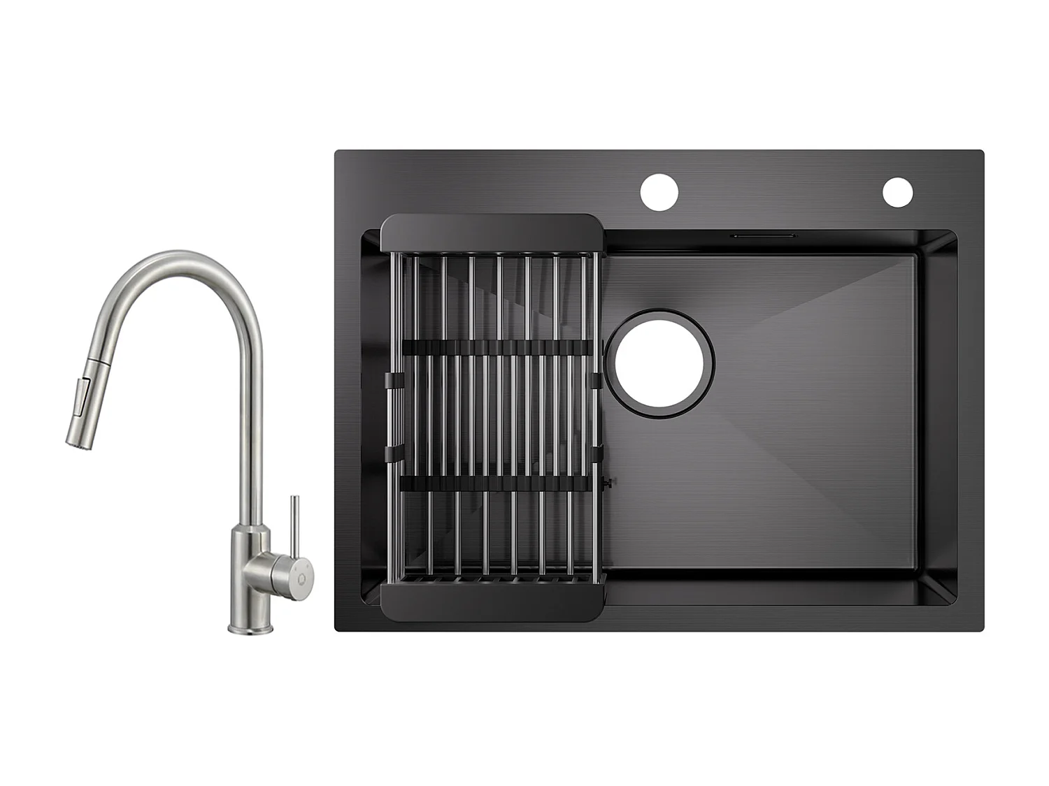 Cecipa max Évier 1 Bac Inox avec Panier de Drainage - Évier Noir 60×45cm + Mitigeur de Cuisine avec Douchette Extractible-2 Modes de Sortie D'eau
