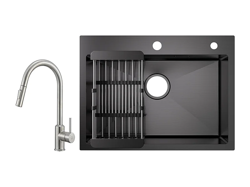 Cecipa max Évier 1 Bac Inox avec Panier de Drainage - Évier Noir 60×45cm + Mitigeur de Cuisine avec Douchette Extractible-2 Modes de Sortie D'eau