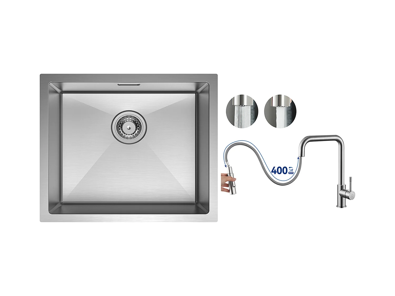 Lavello Cucina CECIPA MAX Lavello 1 Vasca Acciaio Inox Spazzolato 50*44CM + Miscelatore con Doccetta Estraibile, Spazzolato