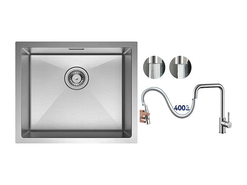 CECIPA MAX Évier de Cuisine 1 Bac Brossé Évier Inox 50*44CM + Mitigeur avec Douchette Extractible, Brossé