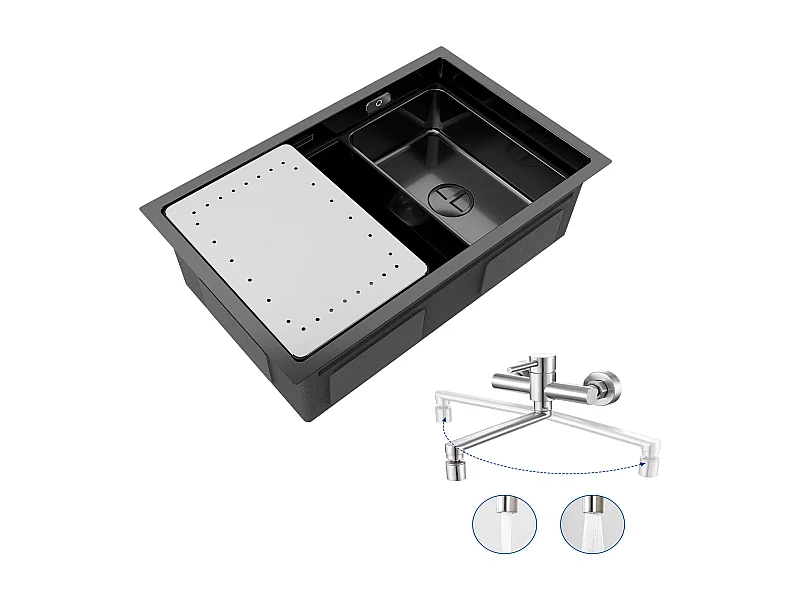 Lavello da cucina a 1 vasca 70×44×21 cm Lavello in acciaio inox nero con gocciolatoio e vasca + Miscelatore da cucina a parete con 2 getti spazzolati