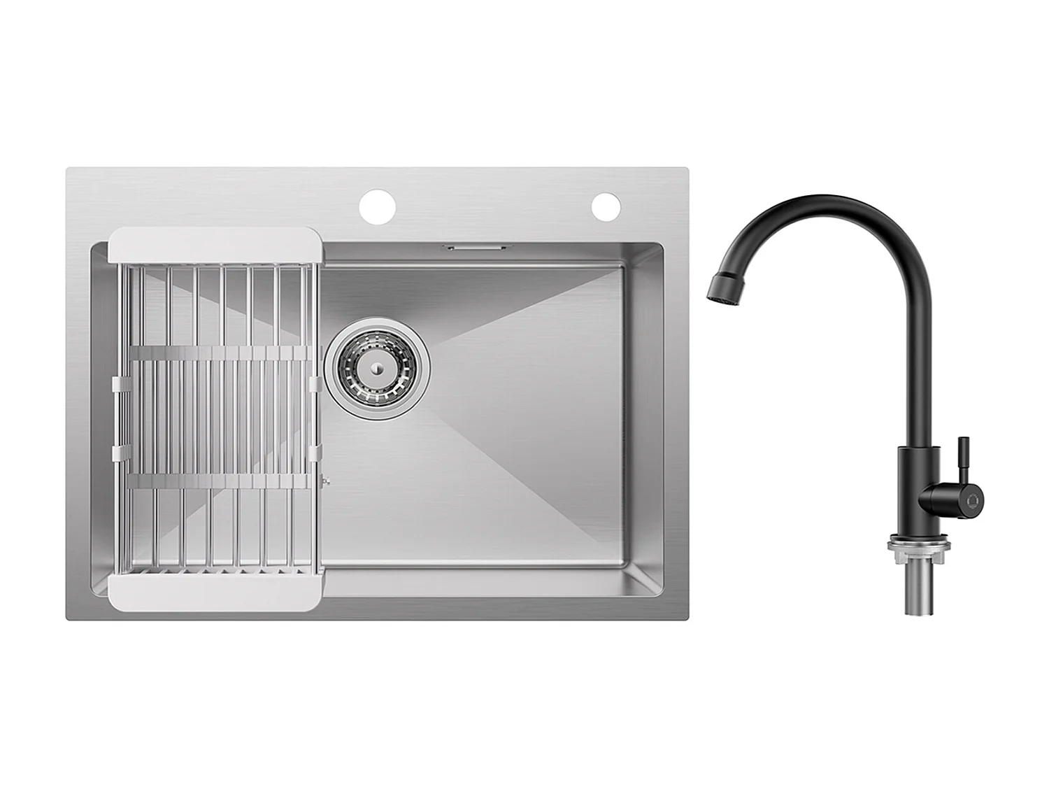 Évier Cuisine 1 Bac 60×45×18CM Évier Inox Brossé avec Panier de Drainage + Robinet de Cuisine à eau Froide,Noir