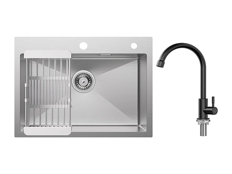 Bowl Kitchen Sink 60×45×18CM Geborsteld RVS Spoelbak met Afvoermand + Koud Water Keukenkraan, Zwart