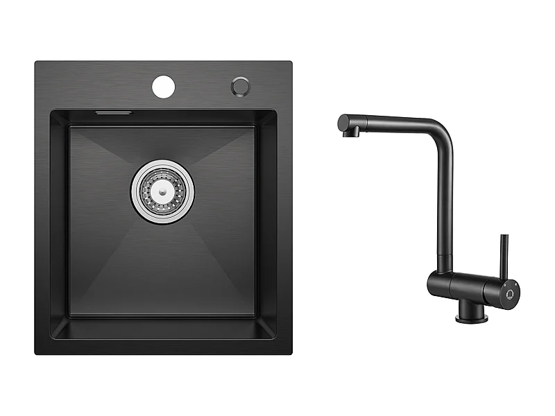 Evier Cuisine 1 Bac Noir Anthracite 40*45*19CM - Évier Inox Évier de Cuisine + Mitigeur de Cuisine Rabattable Noir