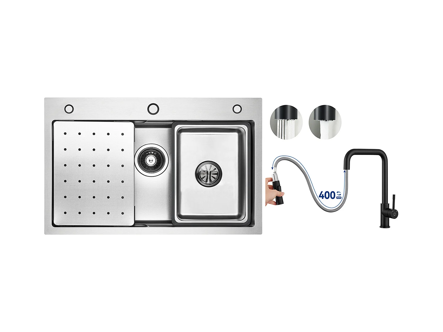 Évier 1 Bac 70×45×21.5CM Évier Inox Argent avec Egouttoir,Vasque, Distributeur de Savon + Mitigeur avec Douchette Extractible, Noir