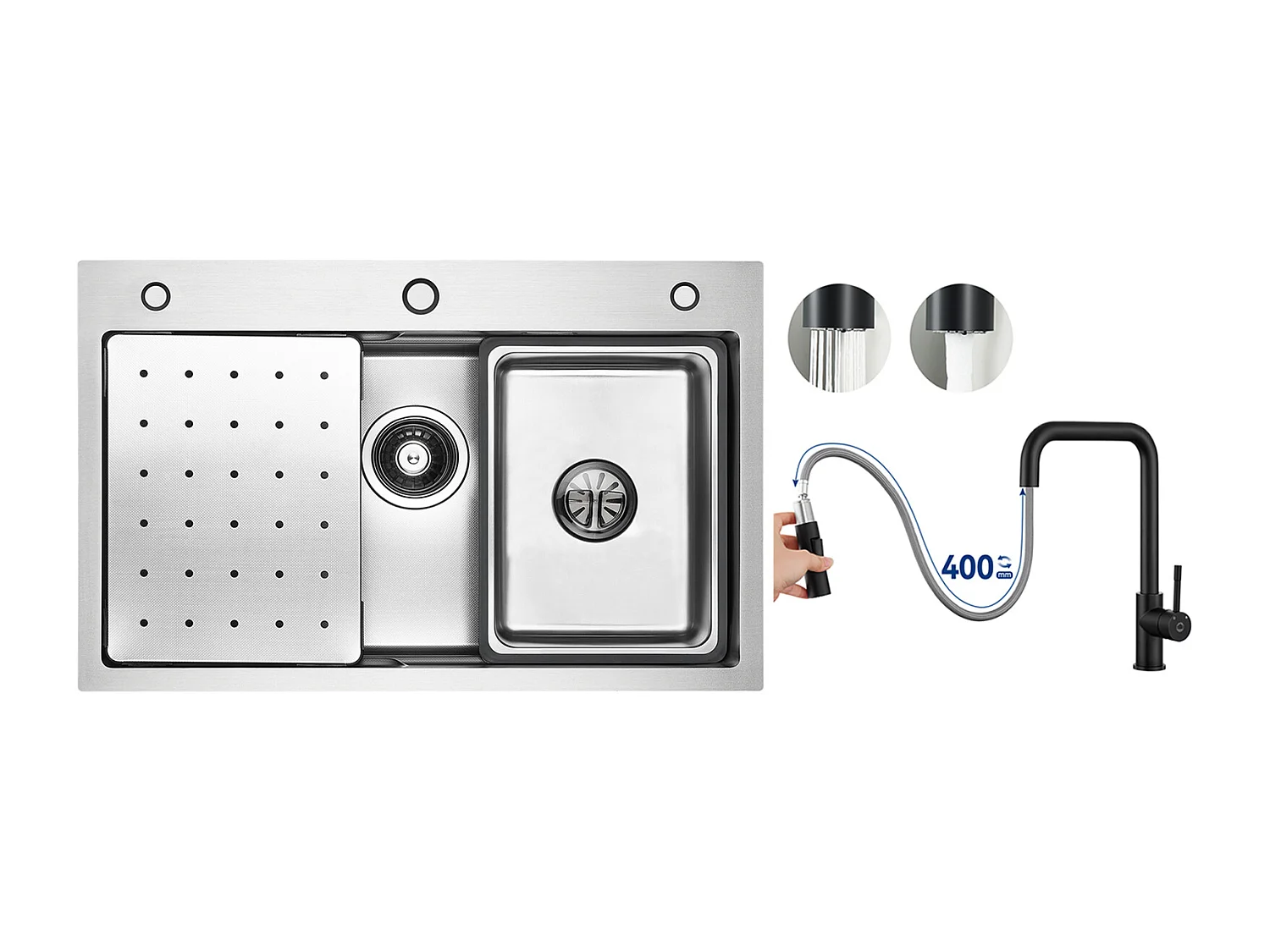 Évier 1 Bac 70×45×21.5CM Évier Inox Argent avec Egouttoir,Vasque, Distributeur de Savon + Mitigeur avec Douchette Extractible, Noir