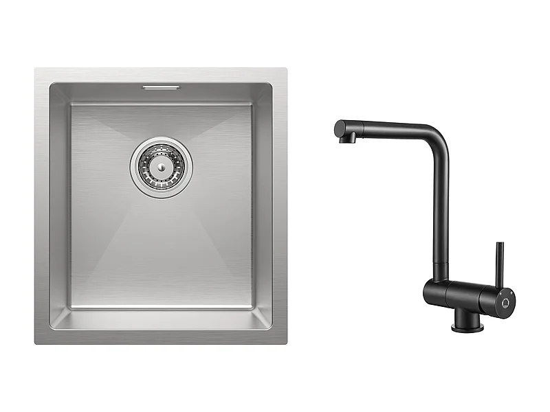 Fregadero de cocina Cecipa MAX 1 seno 40x44x19 cm Fregadero de acero inoxidable cepillado + Mezclador de cocina plegable negro