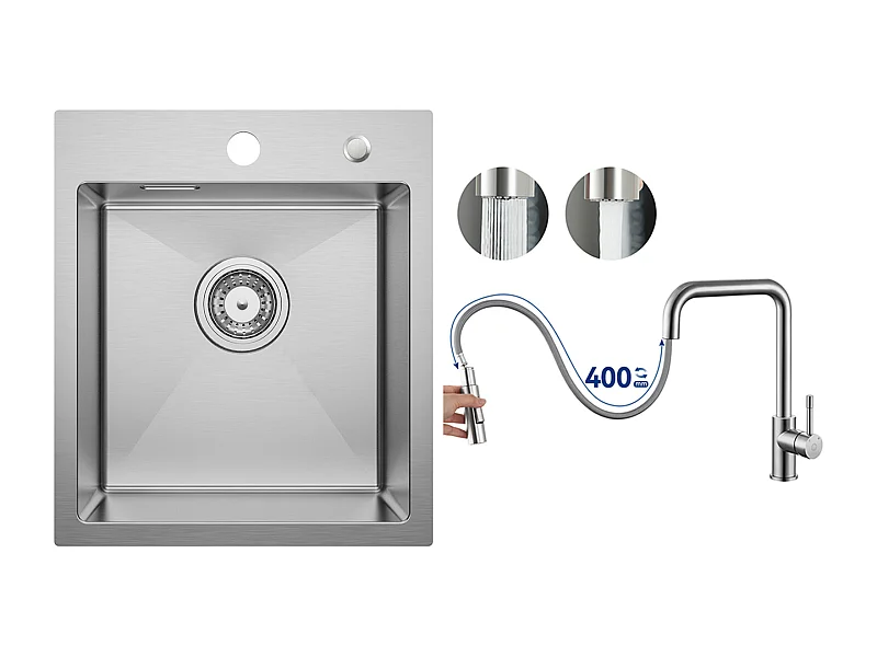 Cecipa MAX Fregadero de Cocina 1 Seno 40 × 45 cm Fregadero de Acero Inoxidable Cepillado + Grifo Monomando con Ducha Extraíble, Cepillado