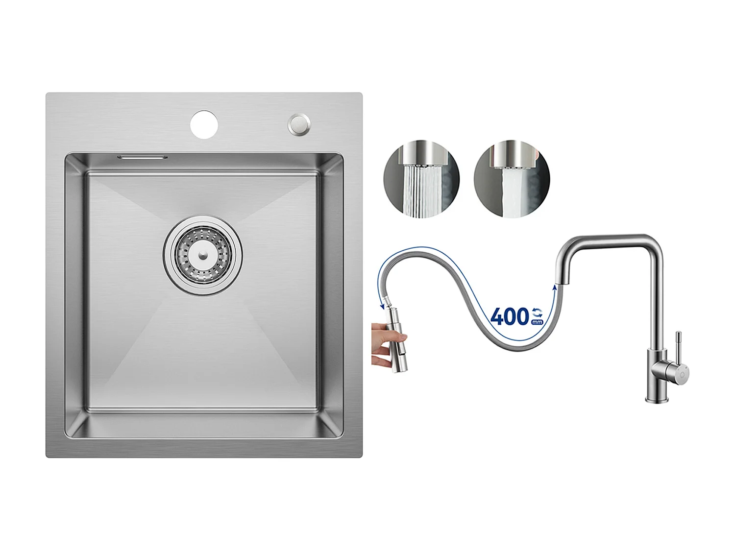 Cecipa MAX Fregadero de Cocina 1 Seno 40 × 45 cm Fregadero de Acero Inoxidable Cepillado + Grifo Monomando con Ducha Extraíble, Cepillado