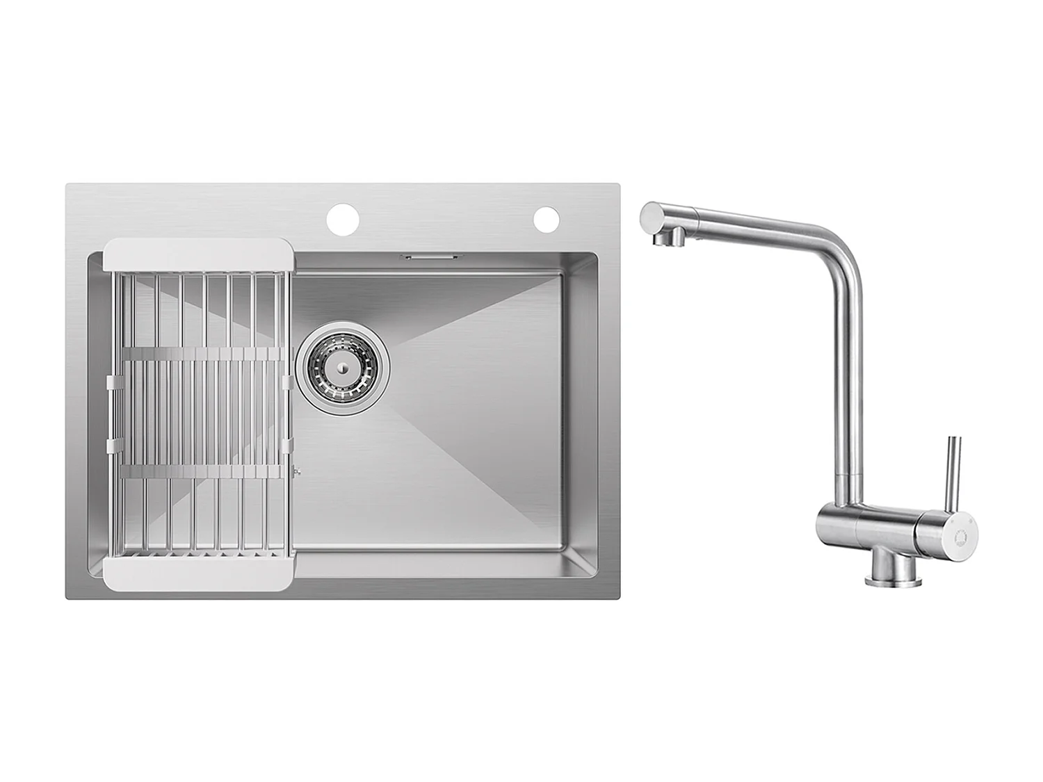 Évier Cuisine 1 Bac 60×45×18CM Évier Inox Brossé avec Panier de Drainage + Mitigeur de Cuisine Rabattable Brossé