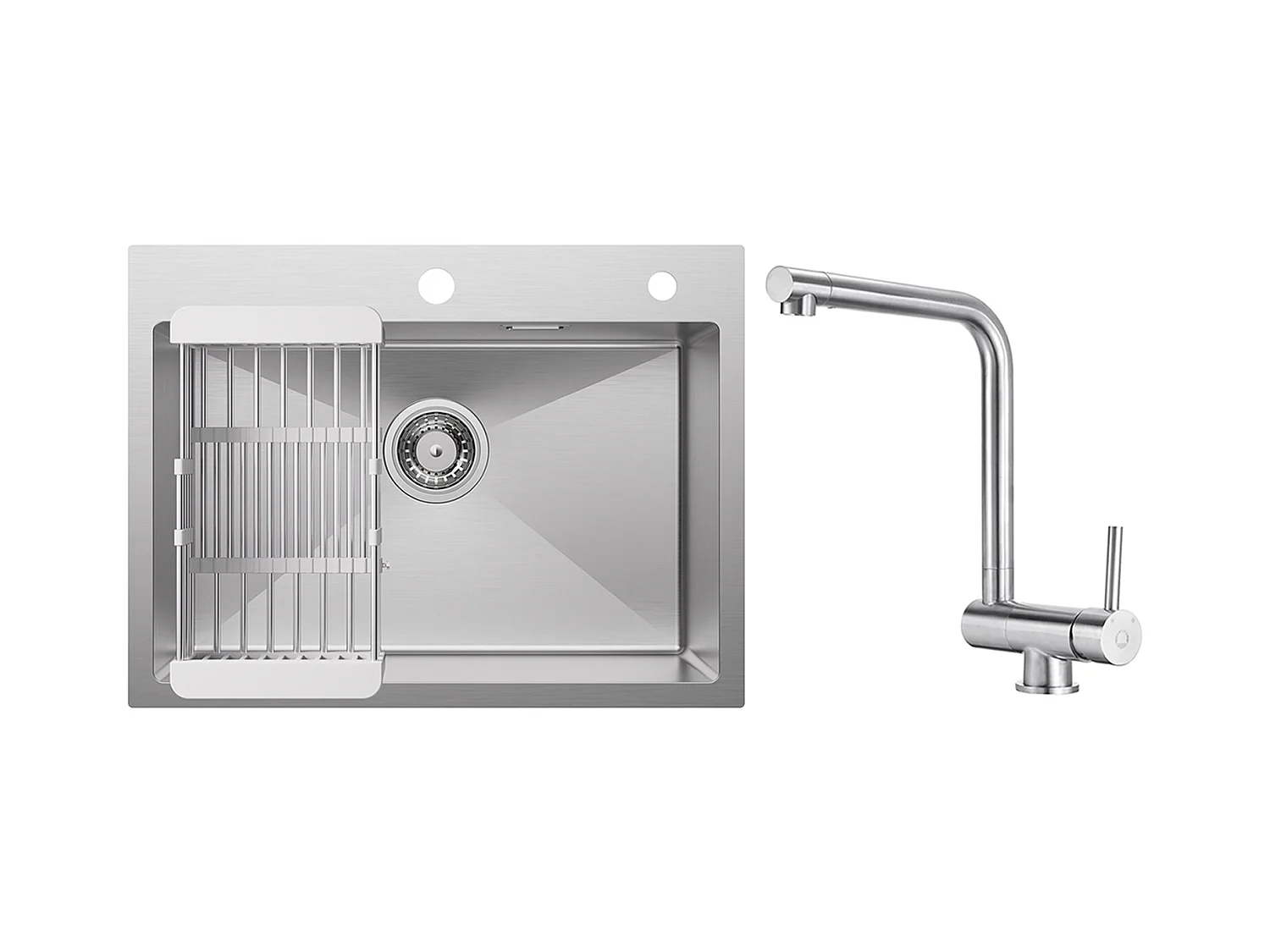 Évier Cuisine 1 Bac 60×45×18CM Évier Inox Brossé avec Panier de Drainage + Mitigeur de Cuisine Rabattable Brossé