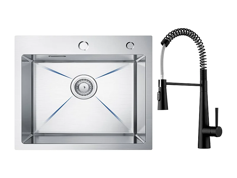 Cecipa max Edelstahlspüle Einzelbecken Küchenspüle 50 × 45 cm Gebürstete Küchenspüle + Feder Küchenmischbatterie mit 3 Wasserauslassmodi, Schwarz