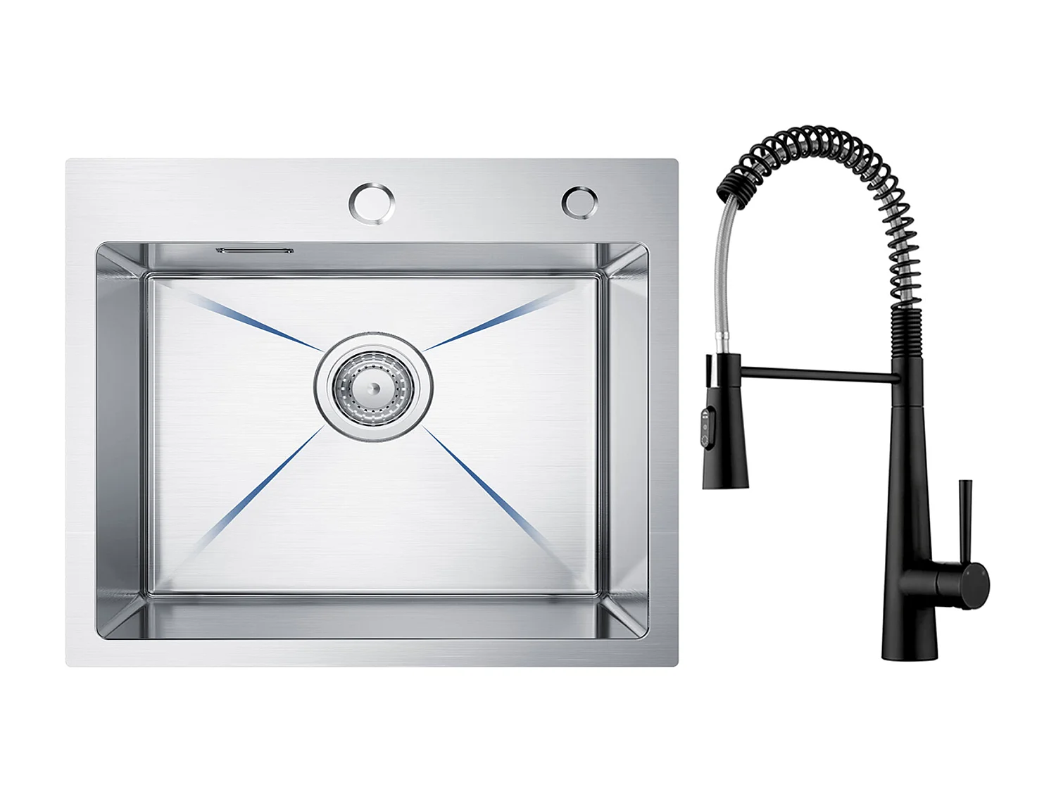 Cecipa max Edelstahlspüle Einzelbecken Küchenspüle 50 × 45 cm Gebürstete Küchenspüle + Feder Küchenmischbatterie mit 3 Wasserauslassmodi, Schwarz