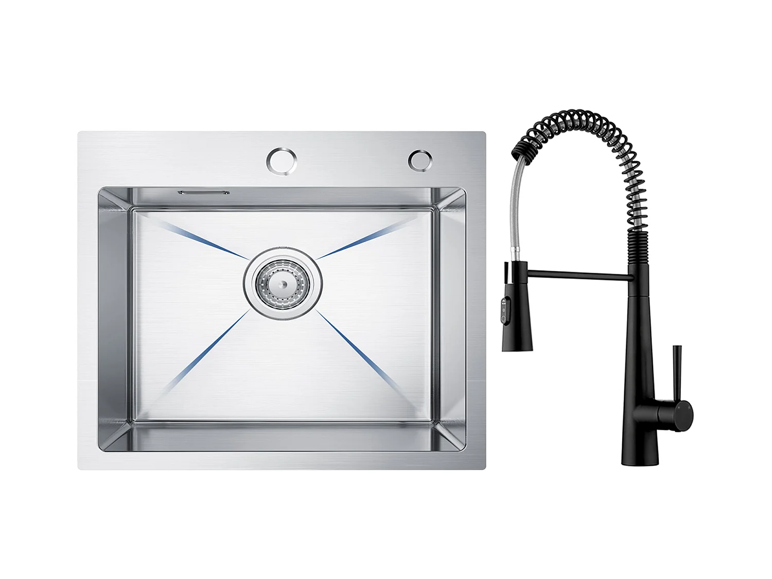 Cecipa max Évier Inox Évier Cuisine 1 Bac 50 × 45 cm Évier de Cuisine Brossé + Mitigeur de Cuisine à Ressort avec 3 Modes de Sortie D'eau, Noir