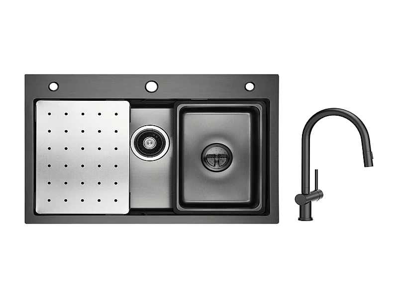 Cecipa max Lavello 1 vasca 70×45 CM Nero con gocciolatoio, vasca e dosatore sapone + Miscelatore cucina con doccetta estraibile con 2 tipologie di doccetta