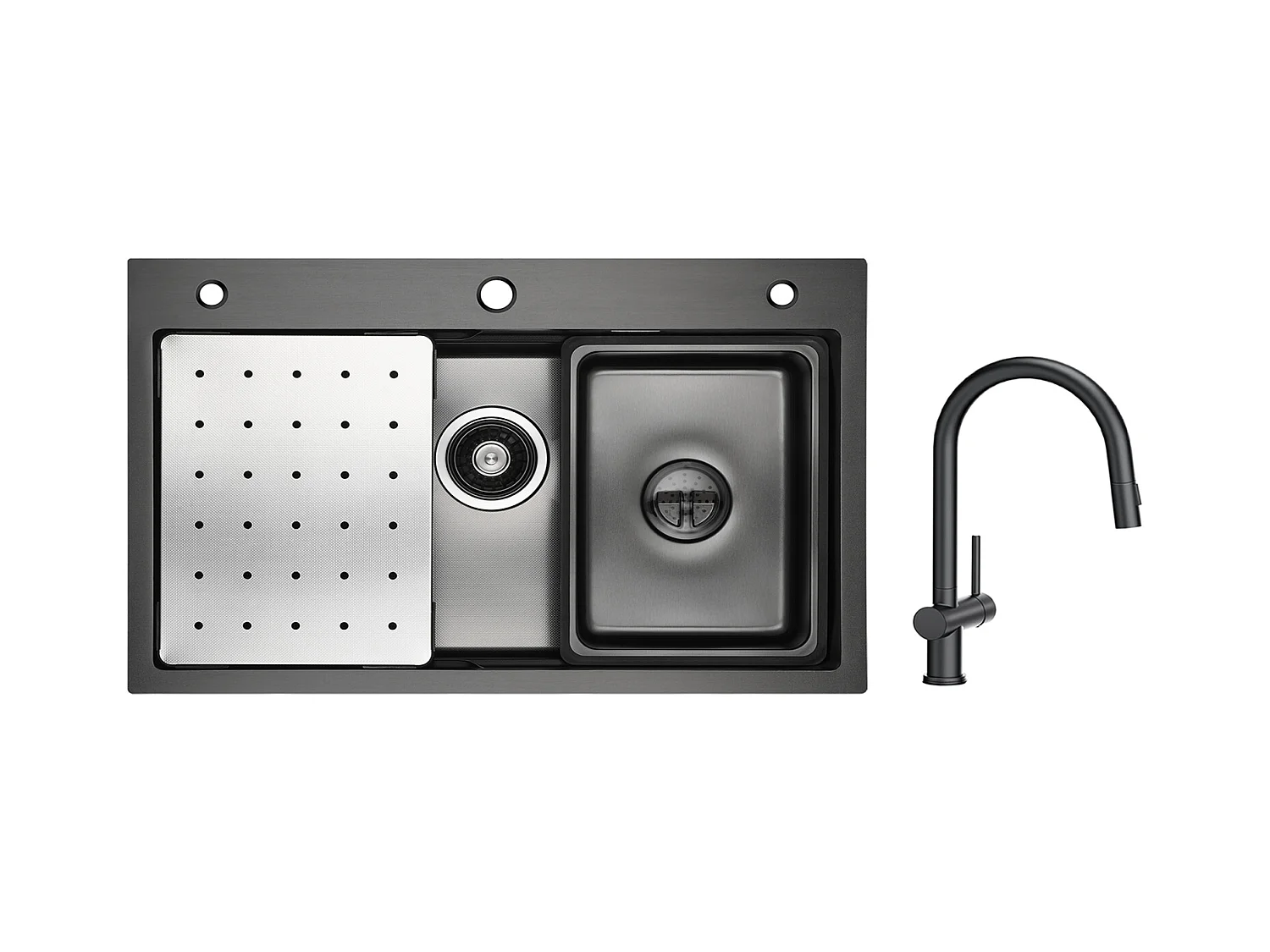 Cecipa max Lavello 1 vasca 70×45 CM Nero con gocciolatoio, vasca e dosatore sapone + Miscelatore cucina con doccetta estraibile con 2 tipologie di doccetta