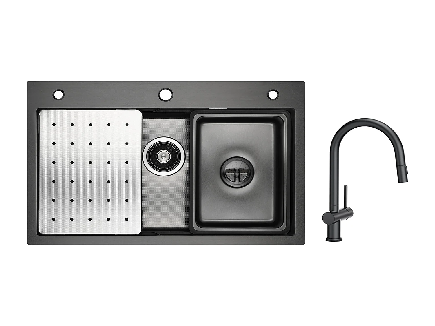 Cecipa max Évier 1 Bac 70×45 CM Noir avec Egouttoir, Vasque et Distributeur de Savon +Mitigeur Cuisine avec Douchette Extractible avec 2 Types de Jet