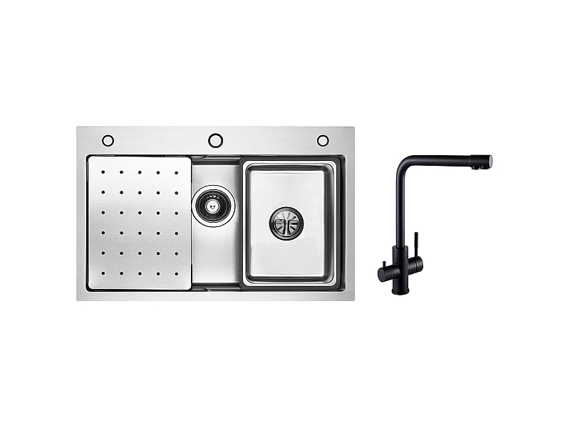 Einzelspüle 70×45×21,5 cm Silber Edelstahlspüle mit Abtropffläche, Becken, Seifenspender + 3-Wege-Spültischmischbatterie, 2 Hebel, Schwarz