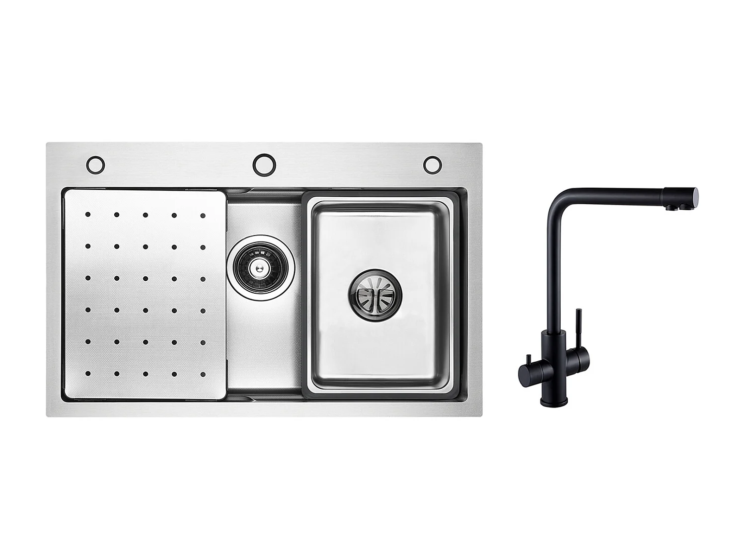 Évier 1 Bac 70×45×21.5CM Évier Inox Argent avec Egouttoir,Vasque, Distributeur de Savon + Mitigeur Evier à 3 Voies, 2 Leviers, Noir