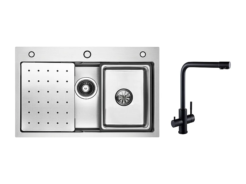 Évier 1 Bac 70×45×21.5CM Évier Inox Argent avec Egouttoir,Vasque, Distributeur de Savon + Mitigeur Evier à 3 Voies, 2 Leviers, Noir