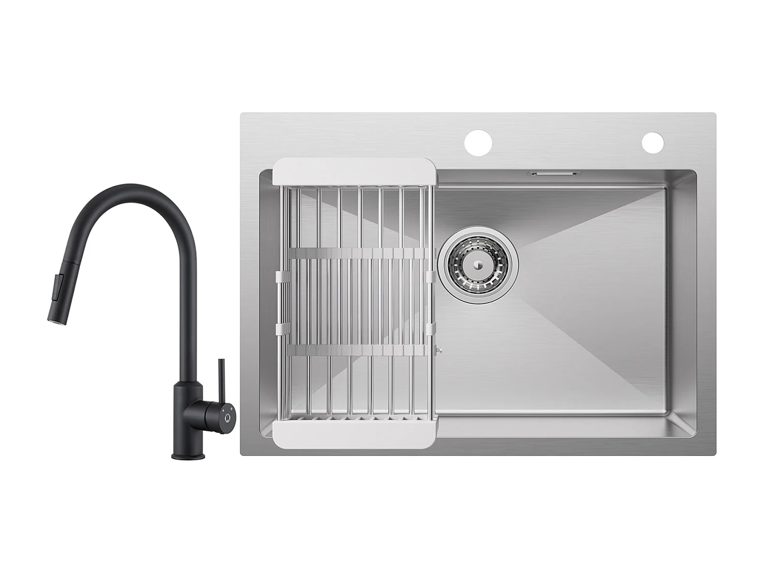 Cecipa max Évier Cuisine 1 Bac 60×45CM Évier Inox Brossé avec Panier de Drainage +Mitigeur de Cuisine avec Douchette Extractible Rotatif à 360 ° Noir