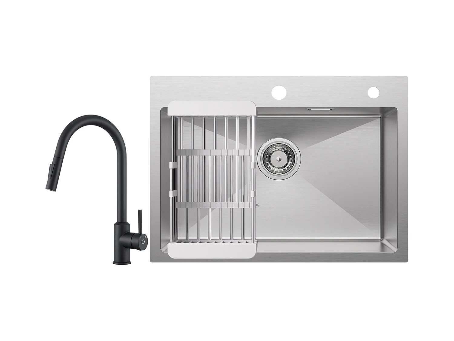 Cecipa max Évier Cuisine 1 Bac 60×45CM Évier Inox Brossé avec Panier de Drainage +Mitigeur de Cuisine avec Douchette Extractible Rotatif à 360 ° Noir
