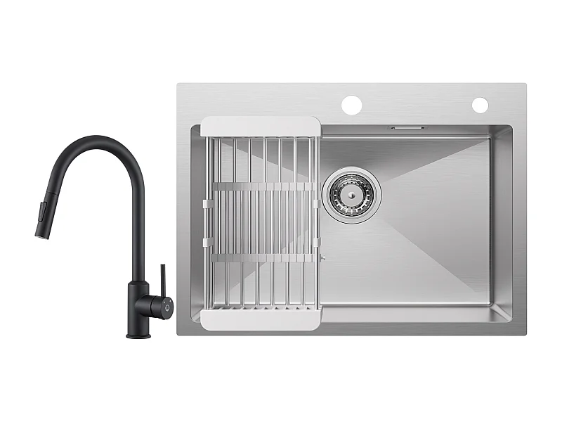 Cecipa max Évier Cuisine 1 Bac 60×45CM Évier Inox Brossé avec Panier de Drainage +Mitigeur de Cuisine avec Douchette Extractible Rotatif à 360 ° Noir