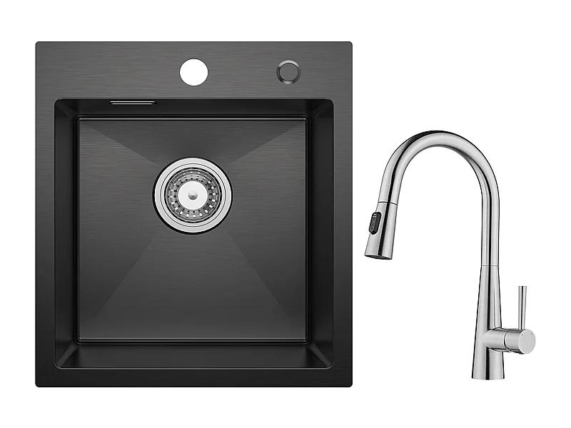 Cecipa max Evier de Cuisine Noir 40*45CM - Évier Inox Évier 1 Bac + Mitigeur de Cuisine avec Douchette Extractible, 3 Modes de Sortie D'eau, Brossé