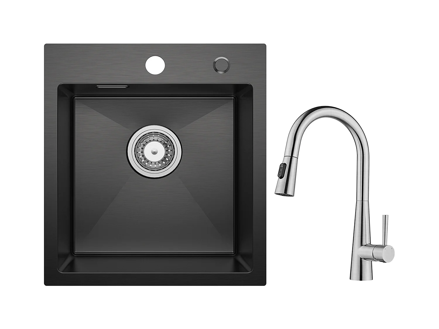 Cecipa max Evier de Cuisine Noir 40*45CM - Évier Inox Évier 1 Bac + Mitigeur de Cuisine avec Douchette Extractible, 3 Modes de Sortie D'eau, Brossé