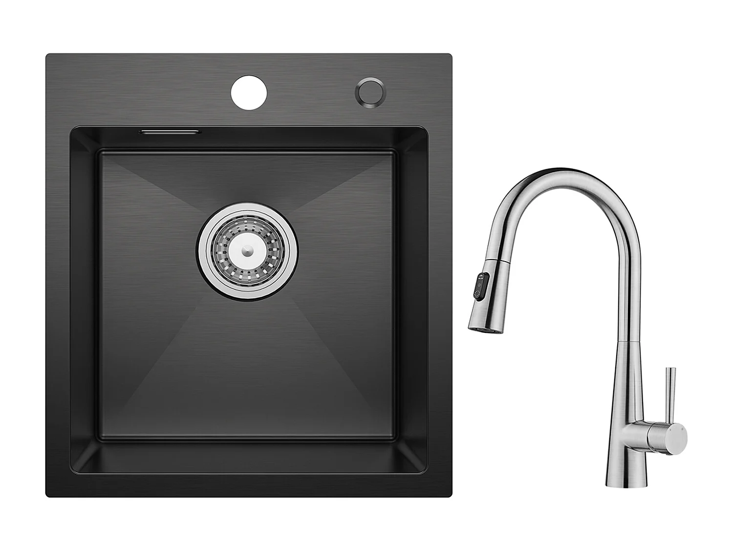 Cecipa max Evier de Cuisine Noir 40*45CM - Évier Inox Évier 1 Bac + Mitigeur de Cuisine avec Douchette Extractible, 3 Modes de Sortie D'eau, Brossé