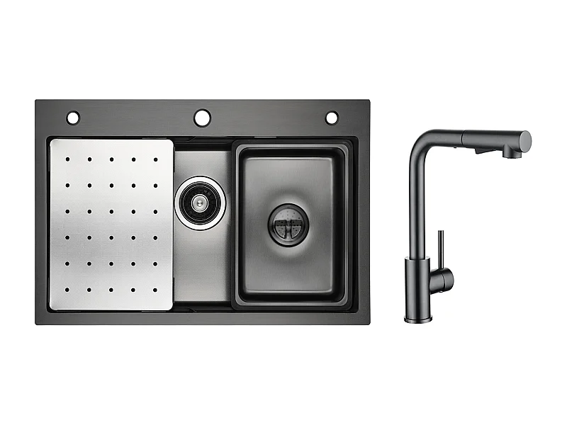 Évier de Cuisine 1 Cuve 70×45×21.5 cm + Egouttoir + Vasque + Distributeur de Savon + Mitigeur Cuisine Avec Douchette Extractible