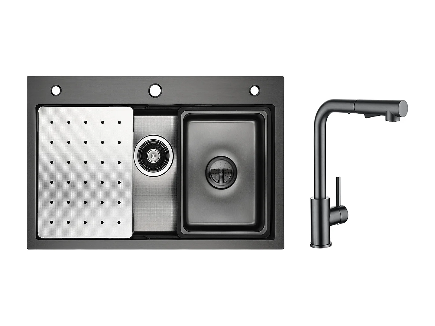 Évier de Cuisine 1 Cuve 70×45×21.5 cm + Egouttoir + Vasque + Distributeur de Savon + Mitigeur Cuisine Avec Douchette Extractible