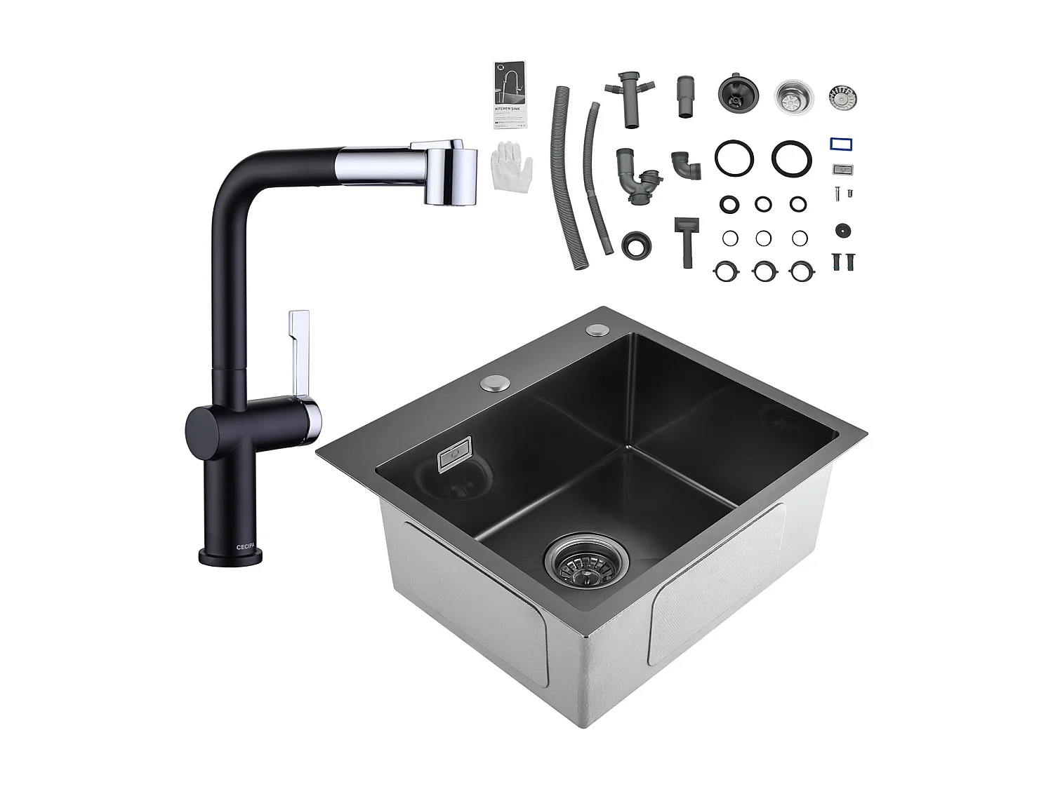 Lavello Cucina Cecipa Max 2 in 1 in Acciaio Inox 1 Vasca Nero Grigio 50 x 45 x 18,5 cm + Rubinetto Cucina Estraibile con 2 modalità di uscita dell'acqua
