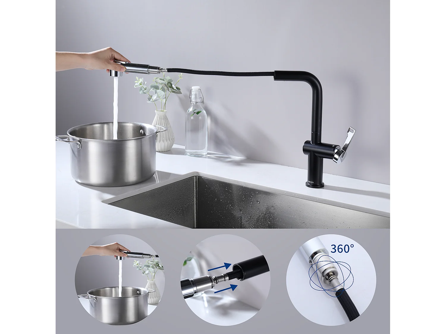 Lavello Cucina Cecipa Max 2 in 1 in Acciaio Inox 1 Vasca Nero Grigio 50 x 45 x 18,5 cm + Rubinetto Cucina Estraibile con 2 modalità di uscita dell'acqua