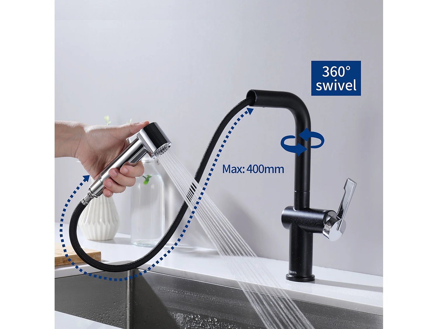 Cecipa max 2 in 1 RVS Keukenspoelbak 1 Bak Zwart Grijs 50 x 45 x 18,5 cm + Uittrekbare Keukenkraan met 2 waterafvoermodi