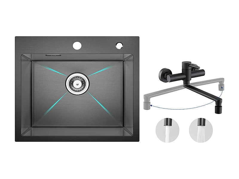 Cecipa MAX Évier Cuisine 1 Bac 50×45×18.5CM Évier Inox Noir + Mitigeur de Cuisine Mural avec 2 Jets Noir