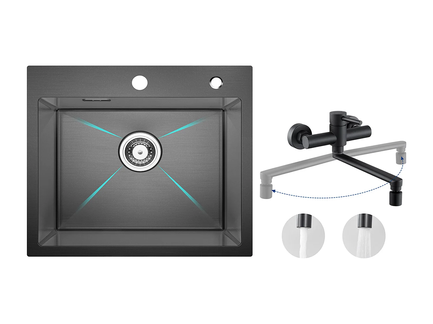 Cecipa MAX Évier Cuisine 1 Bac 50×45×18.5CM Évier Inox Noir + Mitigeur de Cuisine Mural avec 2 Jets Noir